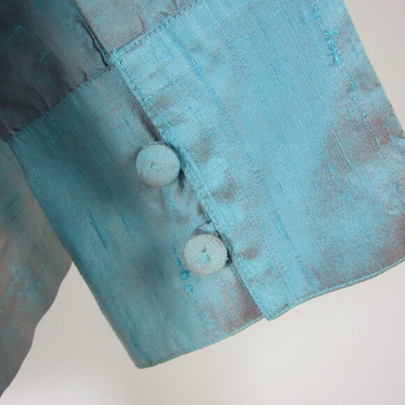 Anü by Natural Women M Turquoise Blue 100% Raw Silk Long Sleeve Shirt Iridescent - Picture 10 of 10